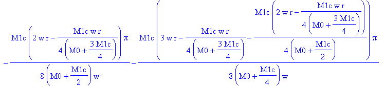 0, 0, (1/2*M1c*(1/2*r*Pi-1/16*M1c*r/(M0+3/4*M1c)*Pi+1/4*(-1/4*M1c*w*r/(M0+3/4*M1c)+w*r)*Pi/w)+(M0+1/2*M1c)*(-1/8*M1c*r/(M0+3/4*M1c)*Pi-1/8*M1c*(2*w*r-1/4*M1c*w*r/(M0+3/4*M1c))/(M0+1/2*M1c)*Pi/w))/(M0+M...