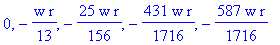 0, -1/13*w*r, -25/156*w*r, -431/1716*w*r, -587/1716*w*r